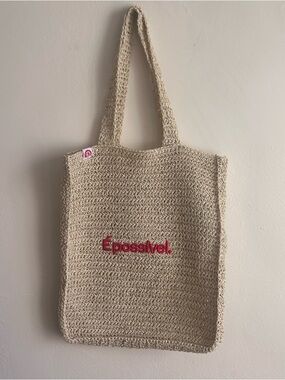 Crochet Tote Bag “É possivel” (It is Possible) Embroidered Beige Boho Market Bag